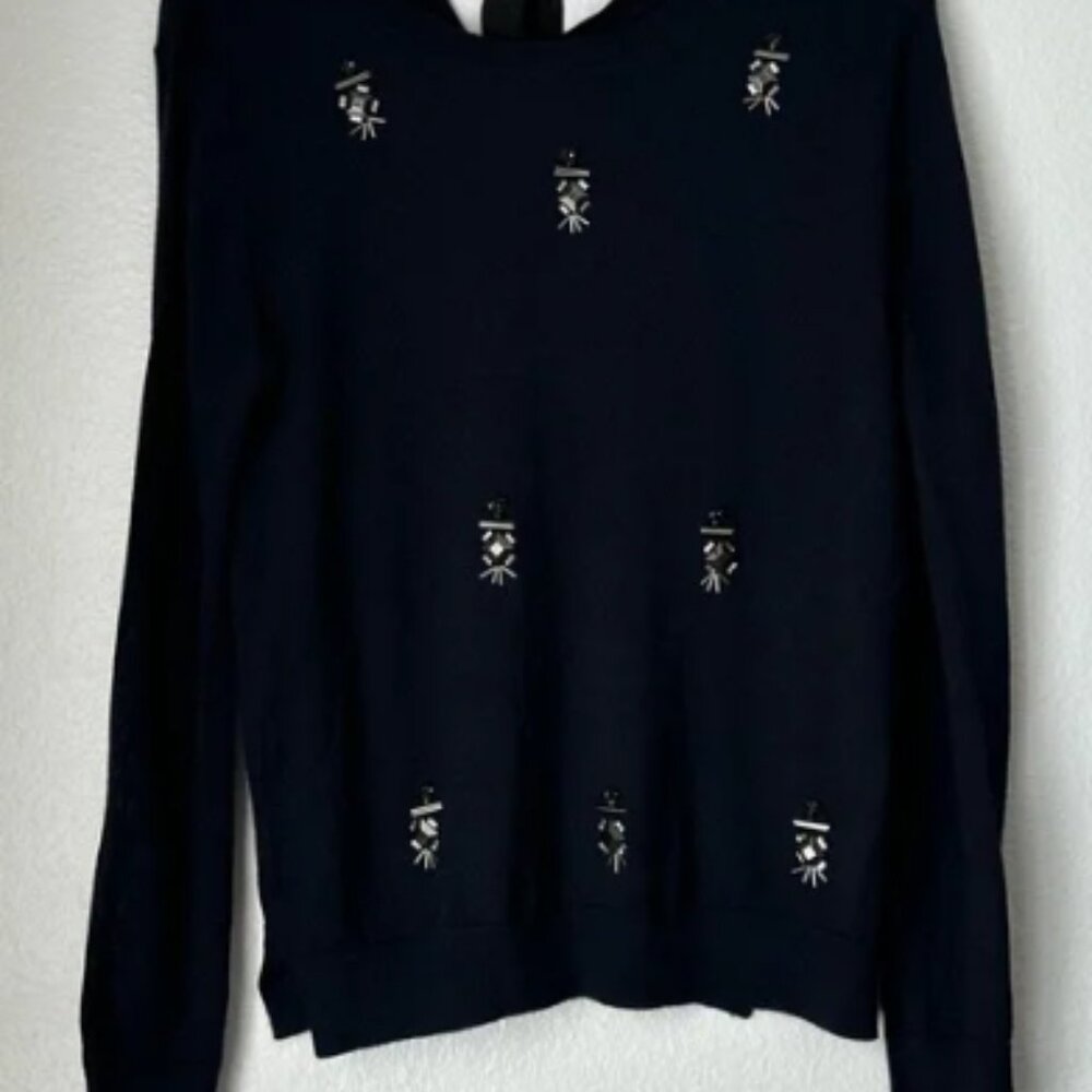 Sandro 100% Wool Black embellish beaded pull over sweater cardigan back tie 3